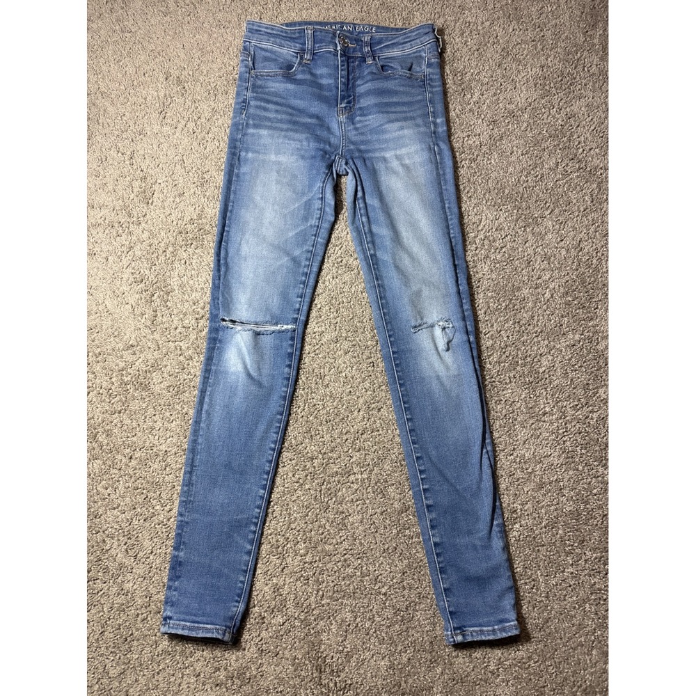 American Eagle Next Level Stretch Skinny Jeans Womens 4 Long Blueโ Distressed